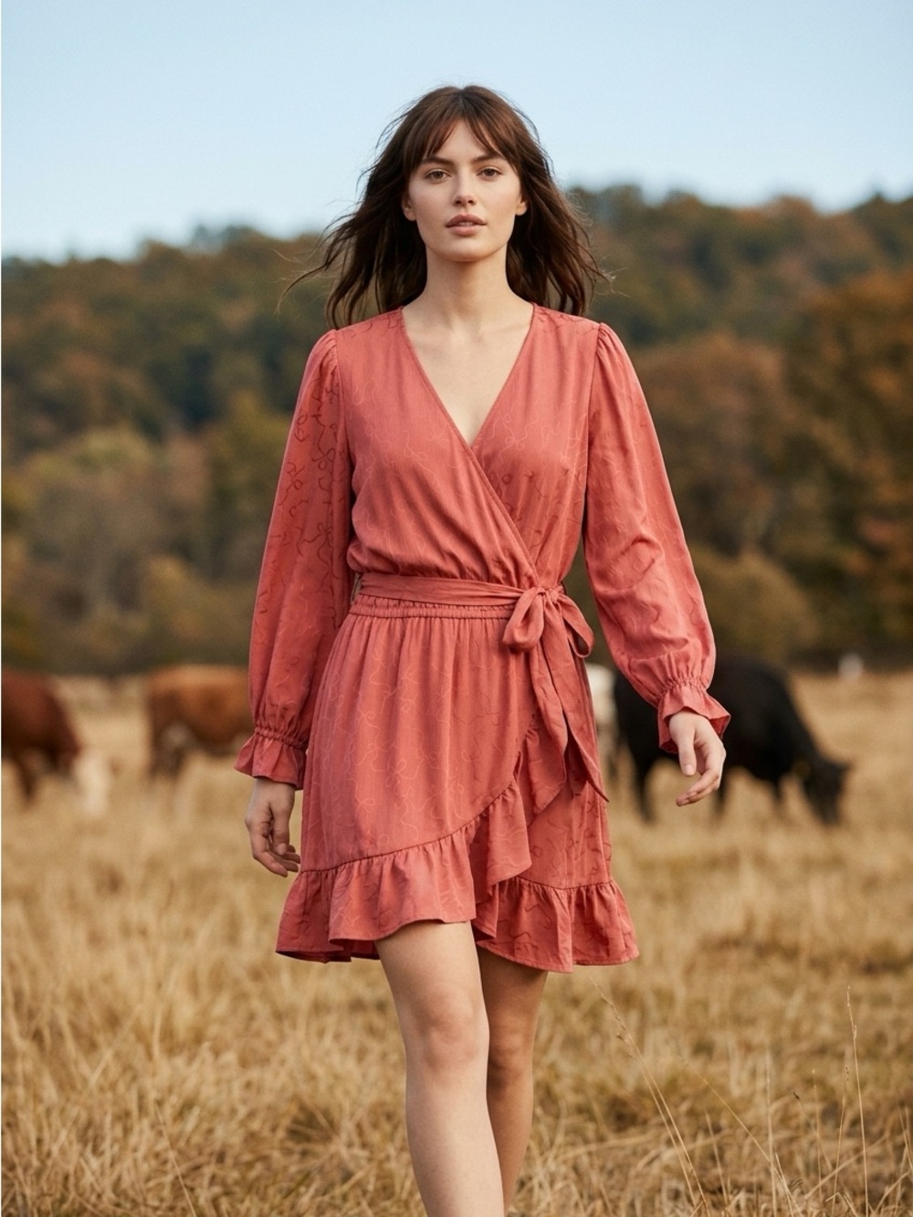 Tie-Waist Wrap Dress in Dusty Coral